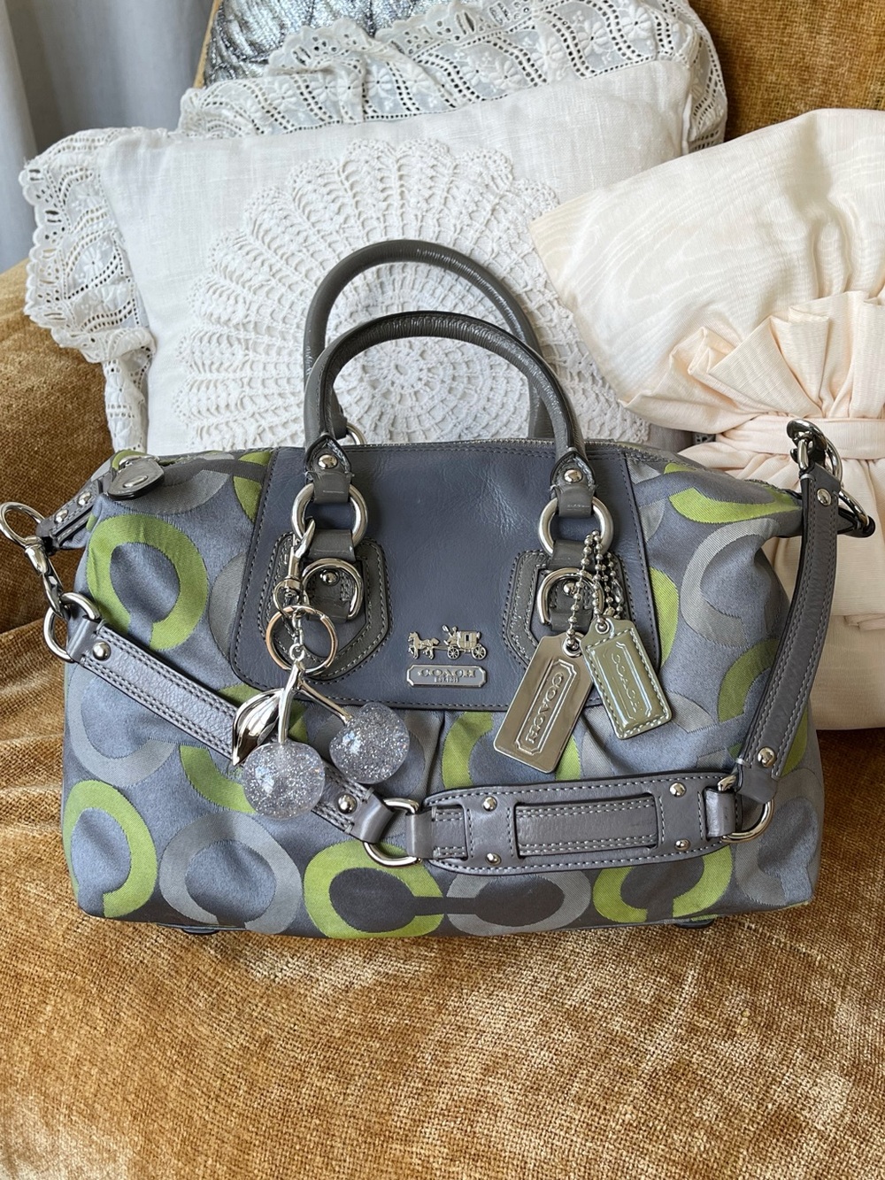 Coach Gray 🩶💚 Lime Signature Satchel with Leather Trim, GUC Y2K